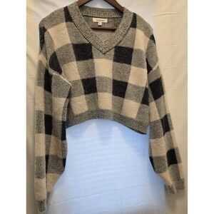 Francesca's Womens Crop Sweater Fuzzy Checkered Pattern Medium V- Neck